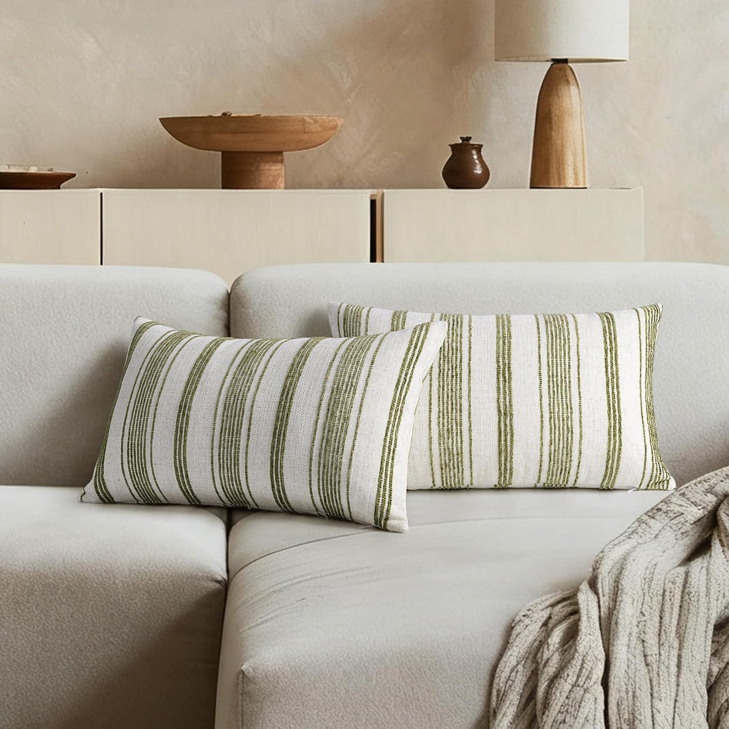 AELS 12x20 Decorative Farmhouse Linen Lumbar Pillow Covers, Beige with Olive Green Chenille Striped Pillow Case, Set of 2, Boho Textured Cushion Cover for Sofa Couch Living Room (Cover ONLY)