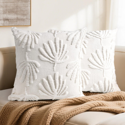 AELS Decorative Throw Pillow Covers 20x20, Set of 2, Modern Farmhouse Fan Palm Leaves Soft Plush Couch Pillow Case for Bed Couch Sofa, Cream White (Covers Only)
