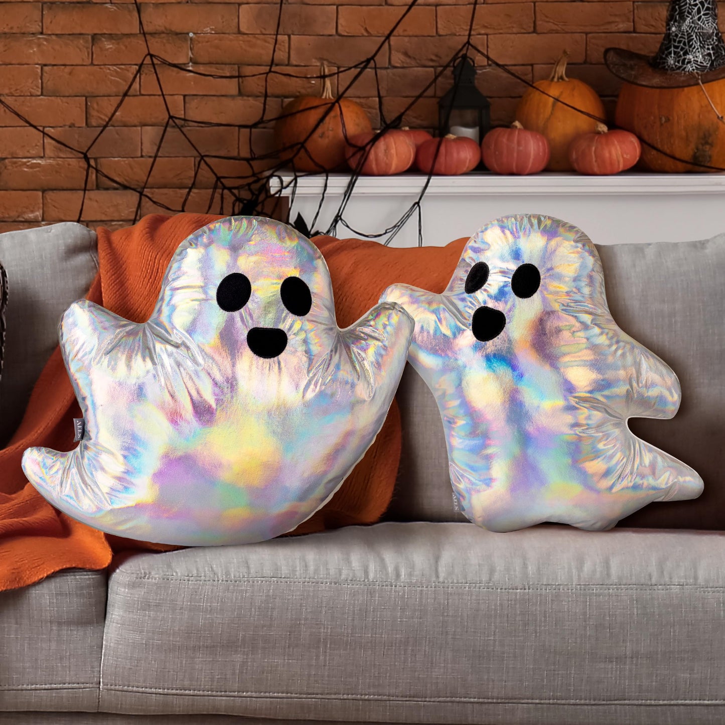 AELS 19.6" Iridescent Ghost Decorative Throw Pillow Set of 2, Ghost Shaped Throw Pillows, Halloween Decorations, Halloween Pillows for Holiday Party Home, Decor for Living Room Bedroom, Rainbow Silver