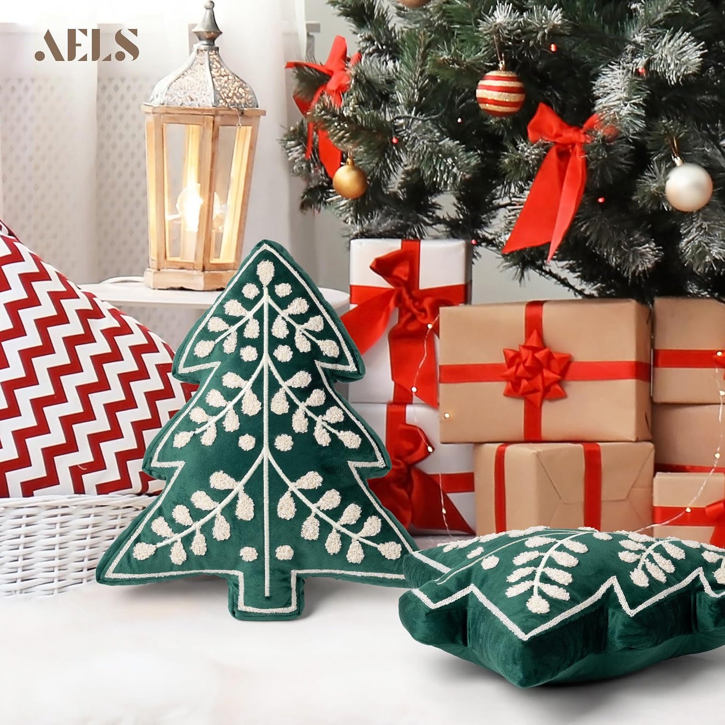 AELS 18.5" Embroidered Merry Christmas Tree Decorative Throw Pillow, Holiday Throw Pillows for Christmas Decor, Plush Tree Shaped Decorative Pillows for Living Room Bedroom Sofa, Green