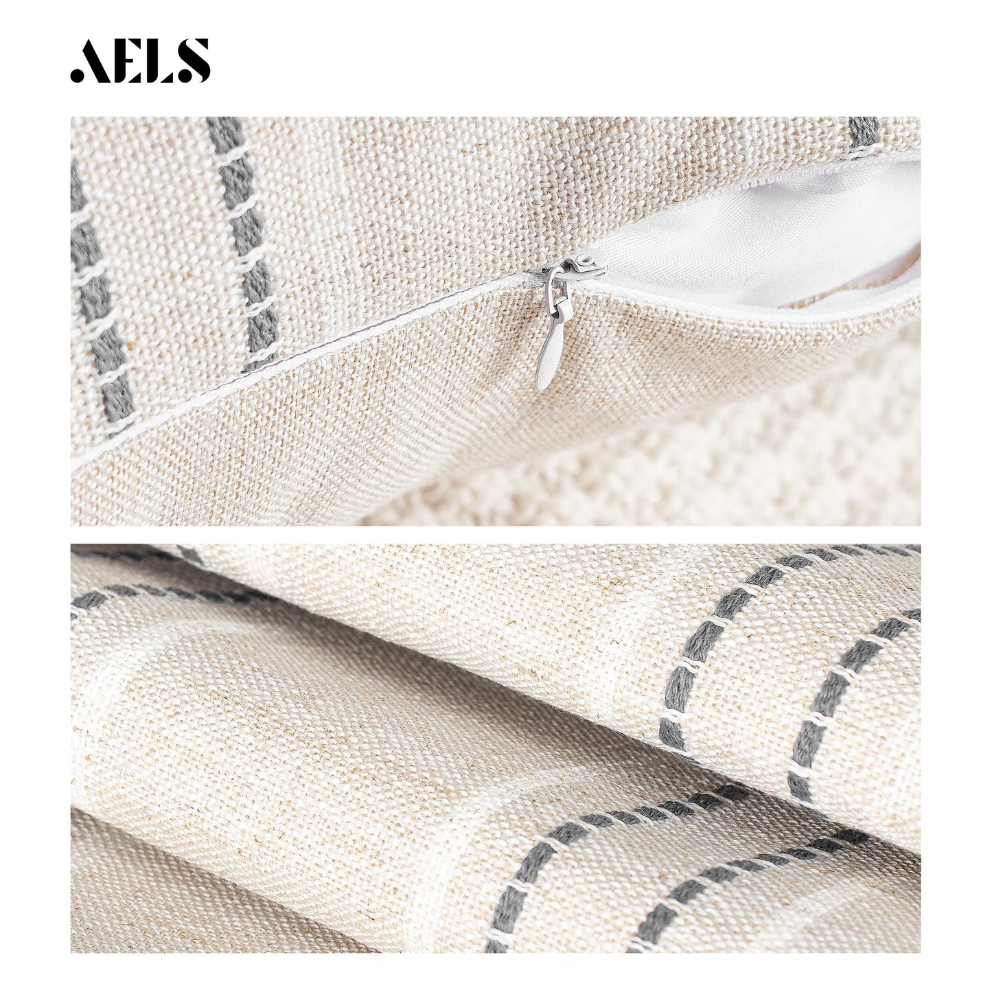 AELS 12x20 Decorative Farmhouse Linen Throw Pillow Covers, Boho Rectangle Lumbar Pillow Case, Set of 2, Beige with White & Gray Stripe Patchwork Cushion Cover for Sofa Couch Living Room (Cover ONLY)