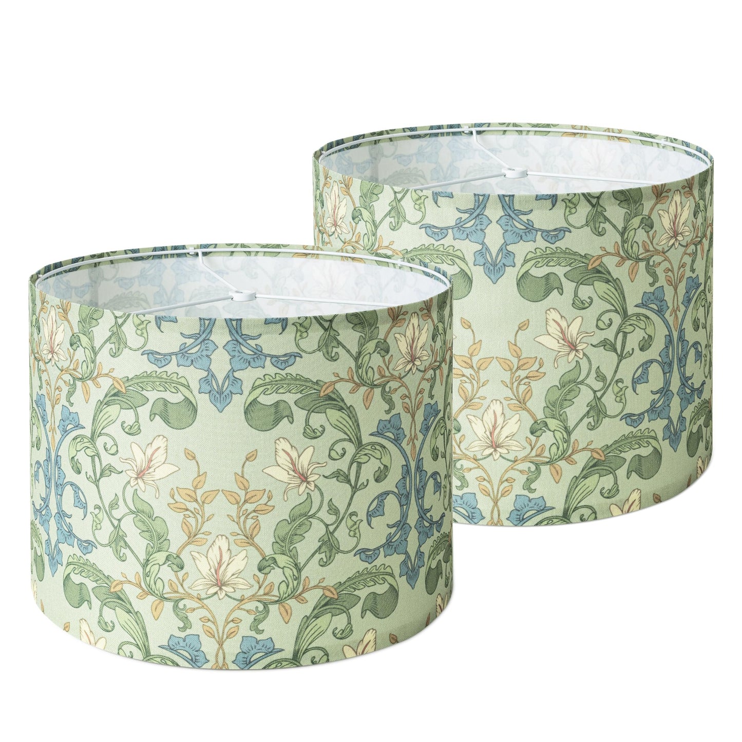 Boho Lamp Shades Set of 2, Floral Fabric Drum Lampshades for Table or Floor Lamps, 13x13x10 Medium Size (Spider Fitter), Easy Assembly Required