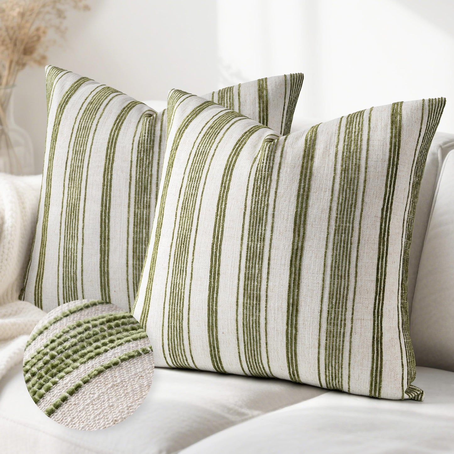 AELS 12x20 Decorative Farmhouse Linen Lumbar Pillow Covers, Beige with Olive Green Chenille Striped Pillow Case, Set of 2, Boho Textured Cushion Cover for Sofa Couch Living Room (Cover ONLY)