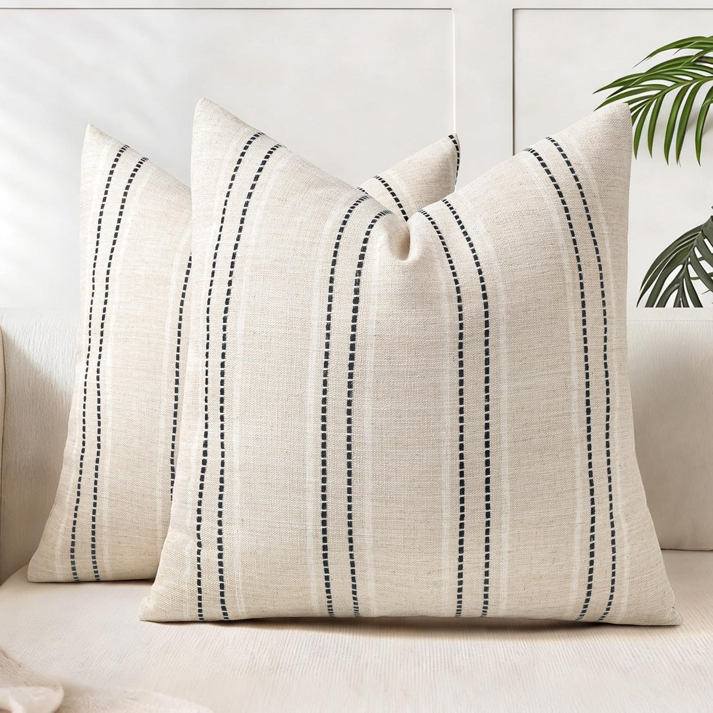 AELS 12x20 Decorative Farmhouse Linen Blend Throw Pillow Covers, Boho Textured Pillow Case, Set of 2, Beige with White & Brown Stitch Yarn Dyed Stripe Cushion Cover for Sofa Living Room (Cover ONLY)