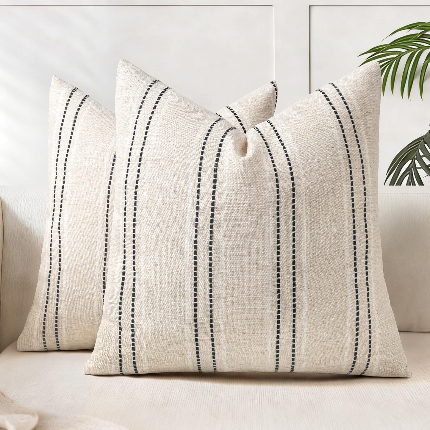 AELS 12x20 Decorative Farmhouse Linen Blend Throw Pillow Covers, Boho Textured Pillow Case, Set of 2, Beige with White & Brown Stitch Yarn Dyed Stripe Cushion Cover for Sofa Living Room (Cover ONLY)