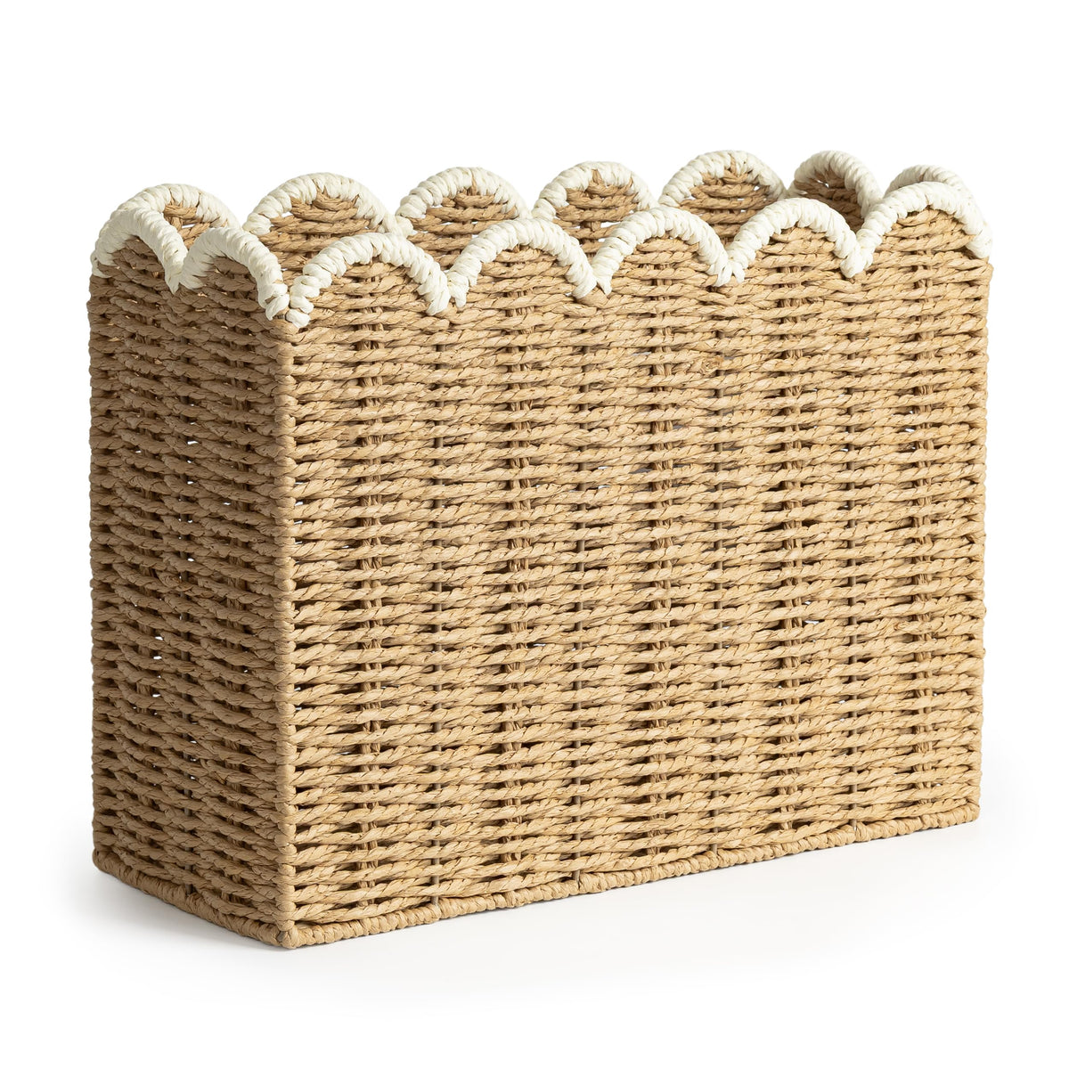 AELS Woven Natural Fibre Magazine Holder, Scalloped Edge Floor Magazine Rack, Hand-woven Organizer, Boho Modern Farmhouse Book Basket, File Newspaper Mail Holder for Office