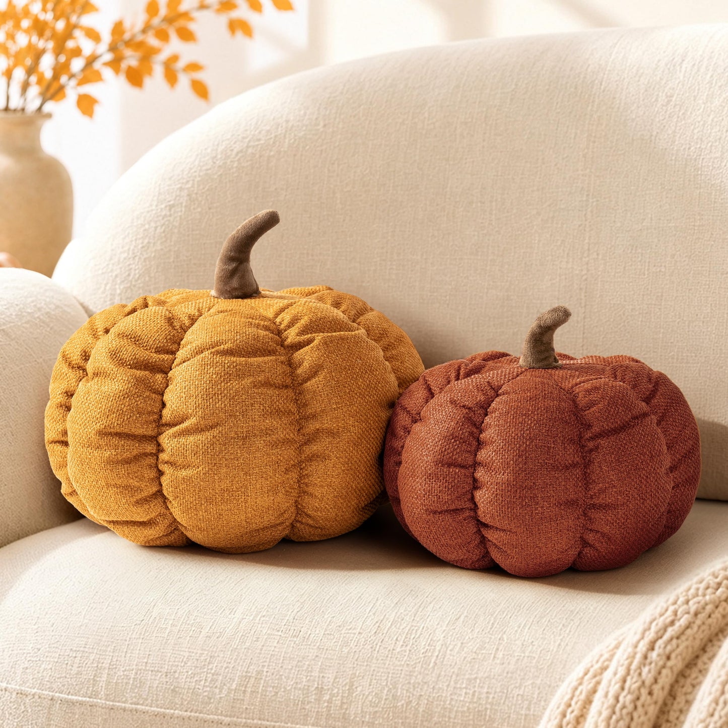 AELS Pumpkin Throw Pillow, 14" Burnt Orange Textured Fall Decorative Pillow | for Couch Sofa Bed Living Room Home Decor, Farmhouse 3D Fall Halloween Thanksgiving Decorative Accent Pillows