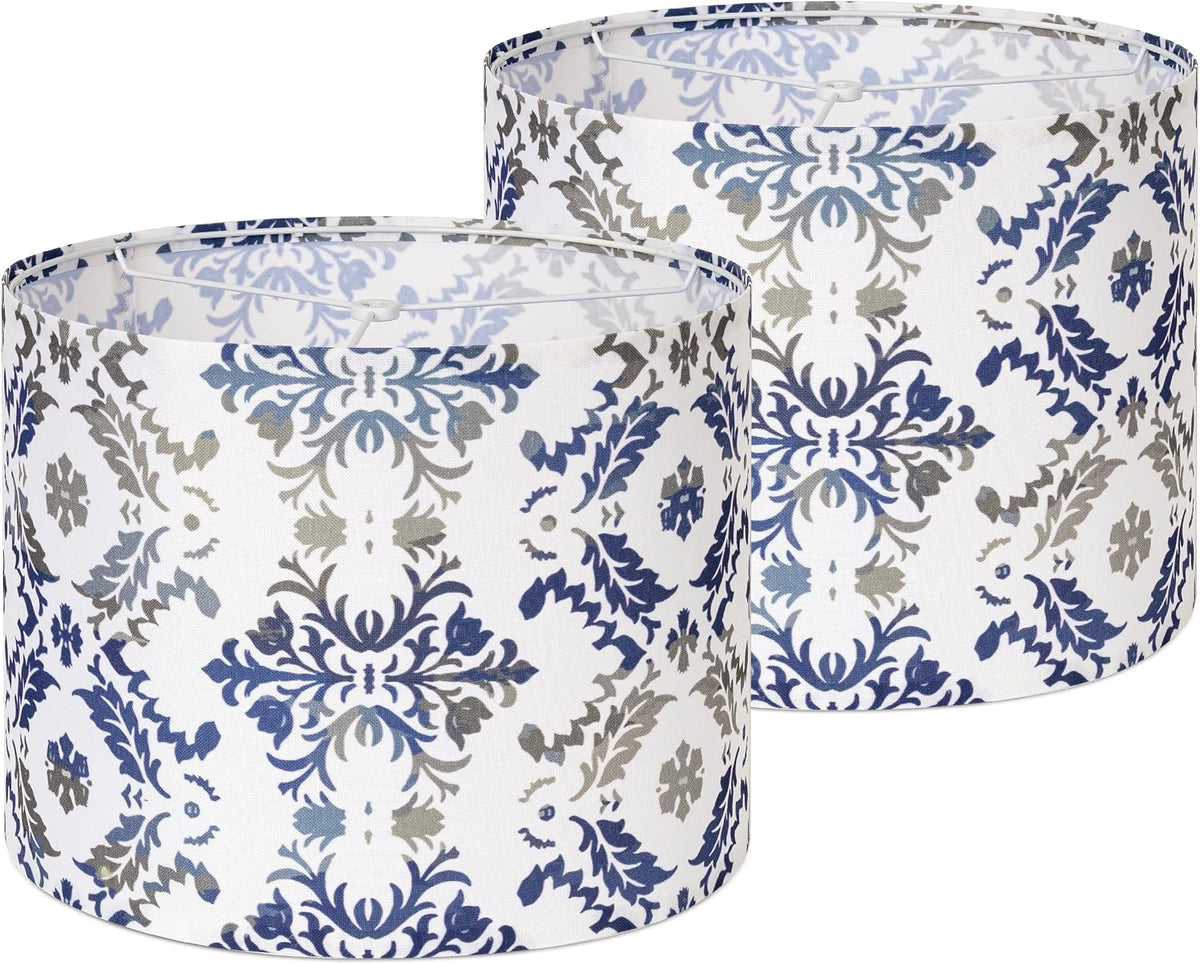 AELS Vintage Lamp Shades Set of 2, Blue and Gray Fabric Drum Lampshades for Table or Floor Lamps, 13x13x10 Medium Size (Spider Fitter), Easy Assembly Required