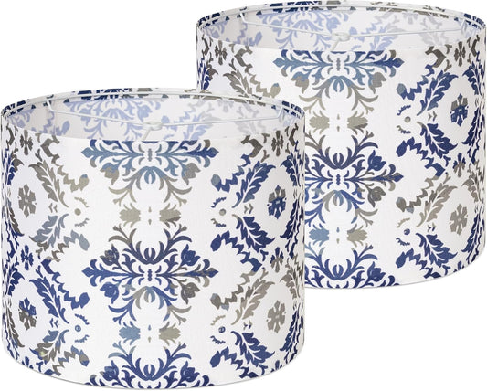 AELS Vintage Lamp Shades Set of 2, Blue and Gray Fabric Drum Lampshades for Table or Floor Lamps, 13x13x10 Medium Size (Spider Fitter), Easy Assembly Required