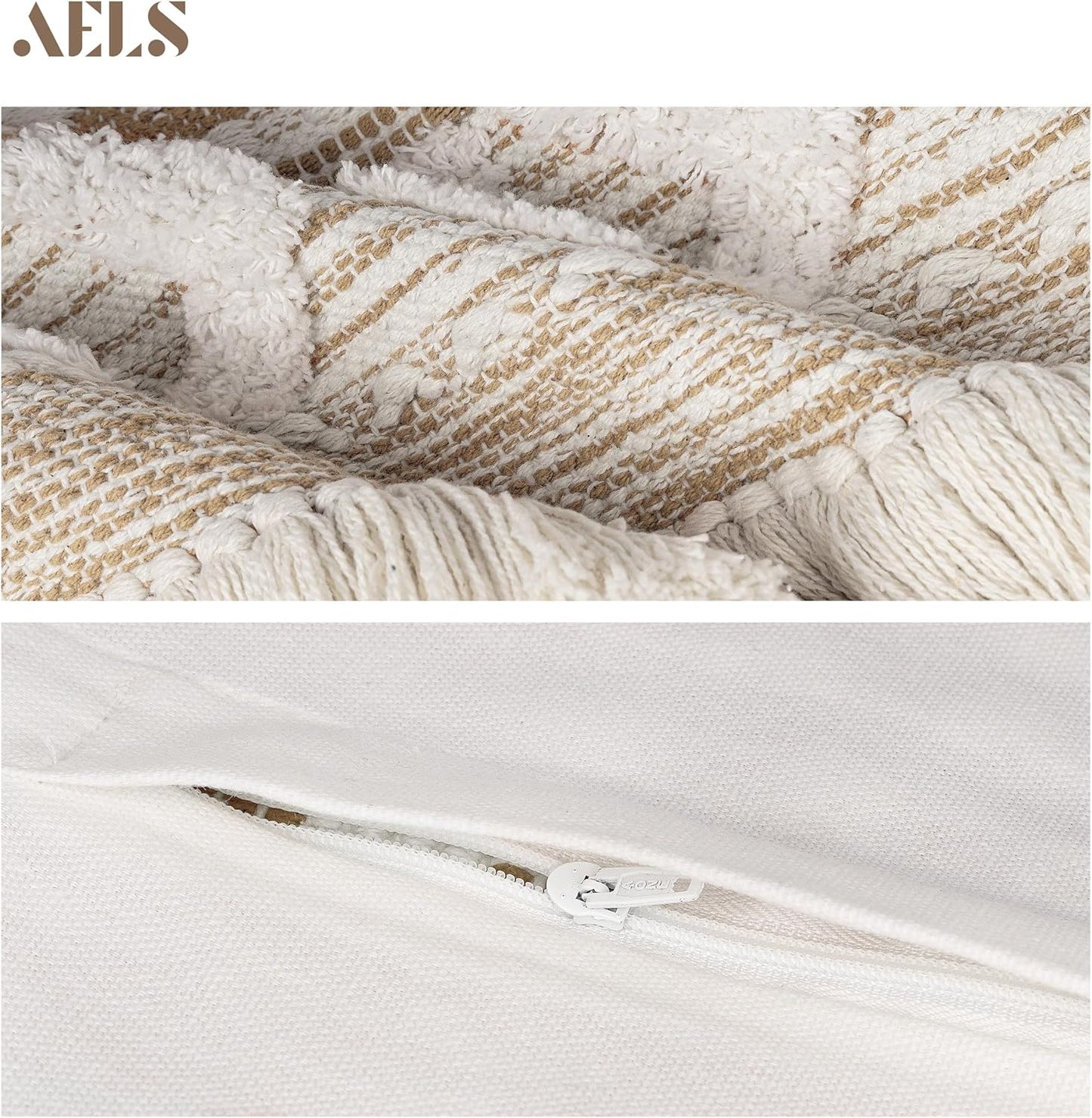 AELS Boho Decorative Throw Pillow Covers with Fringes and Tassels 18x18, Set of 2, Mid Century Tufted Accent Pillow Case, Woven Textured Modern Farmhouse Neutral Cushion Case for Bed Couch Sofa, Beige