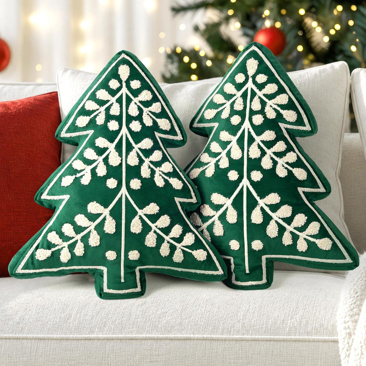 AELS Embroidered 18.5" Merry Christmas Tree Decorative Throw Pillow, Set of 2, Holiday Throw Pillows for Christmas Decor, Plush Tree Shaped Decorative Pillows for Living Room Bedroom Sofa, Green