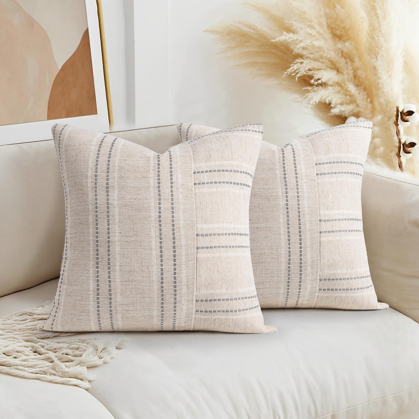 AELS 12x20 Decorative Farmhouse Linen Throw Pillow Covers, Boho Rectangle Lumbar Pillow Case, Set of 2, Beige with White & Gray Stripe Patchwork Cushion Cover for Sofa Couch Living Room (Cover ONLY)