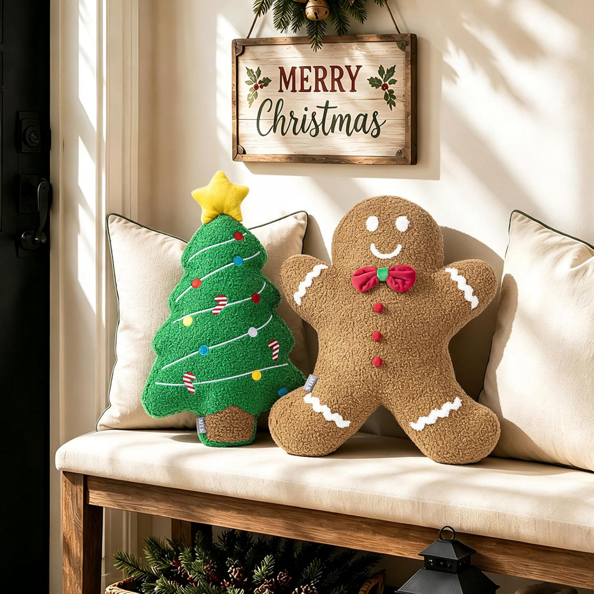 AELS Gingerbread Man Christmas Tree Pillow, 16.1" & 15.7" Set of 2