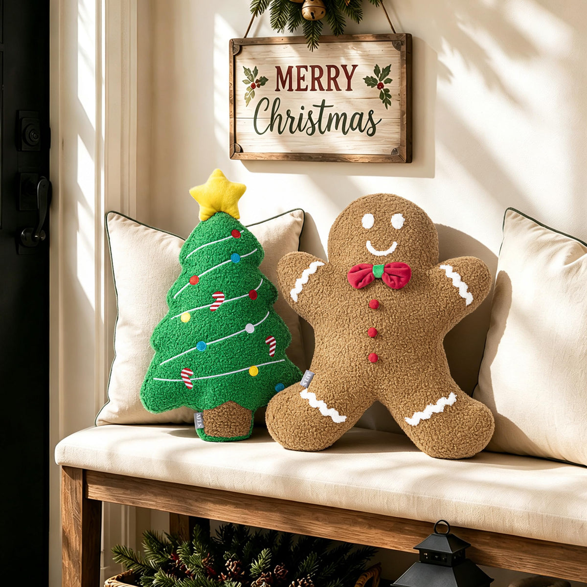 AELS Gingerbread Man Christmas Tree Pillow, 16.1" & 15.7" Set of 2