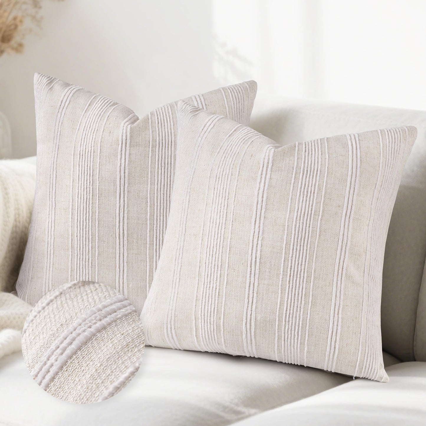 AELS 12x20 Decorative Farmhouse Linen Lumbar Pillow Covers, Beige with Olive Green Chenille Striped Pillow Case, Set of 2, Boho Textured Cushion Cover for Sofa Couch Living Room (Cover ONLY)