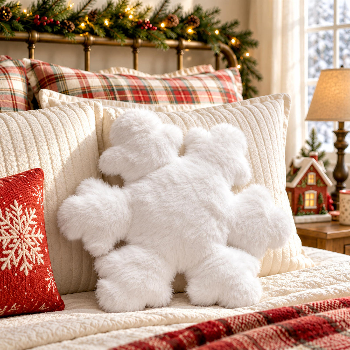 AELS Set of 2 Snowflake Christmas Faux Fur Decorative Throw Pillows, White