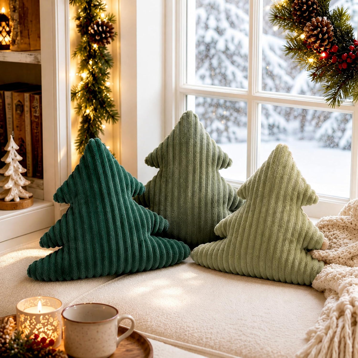 AELS Faux Fur Christmas Tree Decorative Pillow Set of 3, Forest Green Series