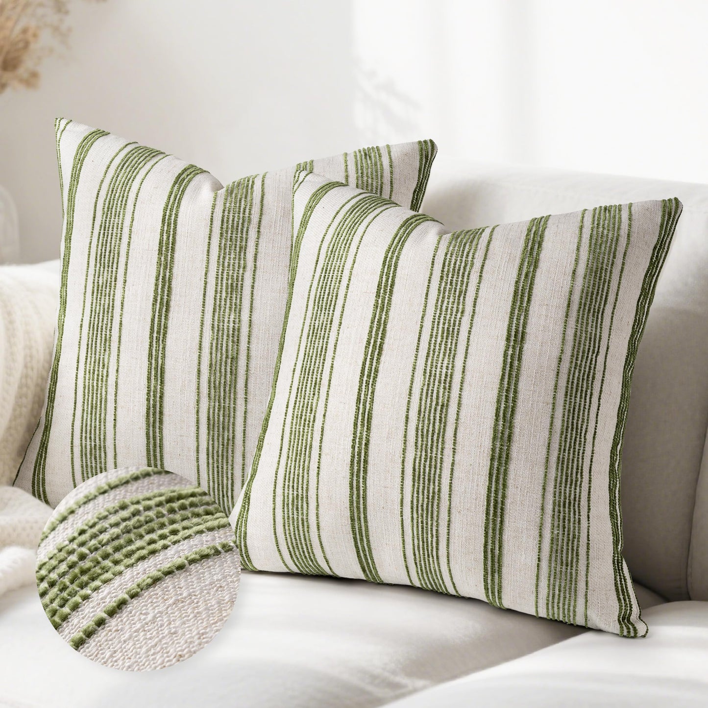 AELS 12x20 Decorative Farmhouse Linen Lumbar Pillow Covers, Beige with Olive Green Chenille Striped Pillow Case, Set of 2, Boho Textured Cushion Cover for Sofa Couch Living Room (Cover ONLY)
