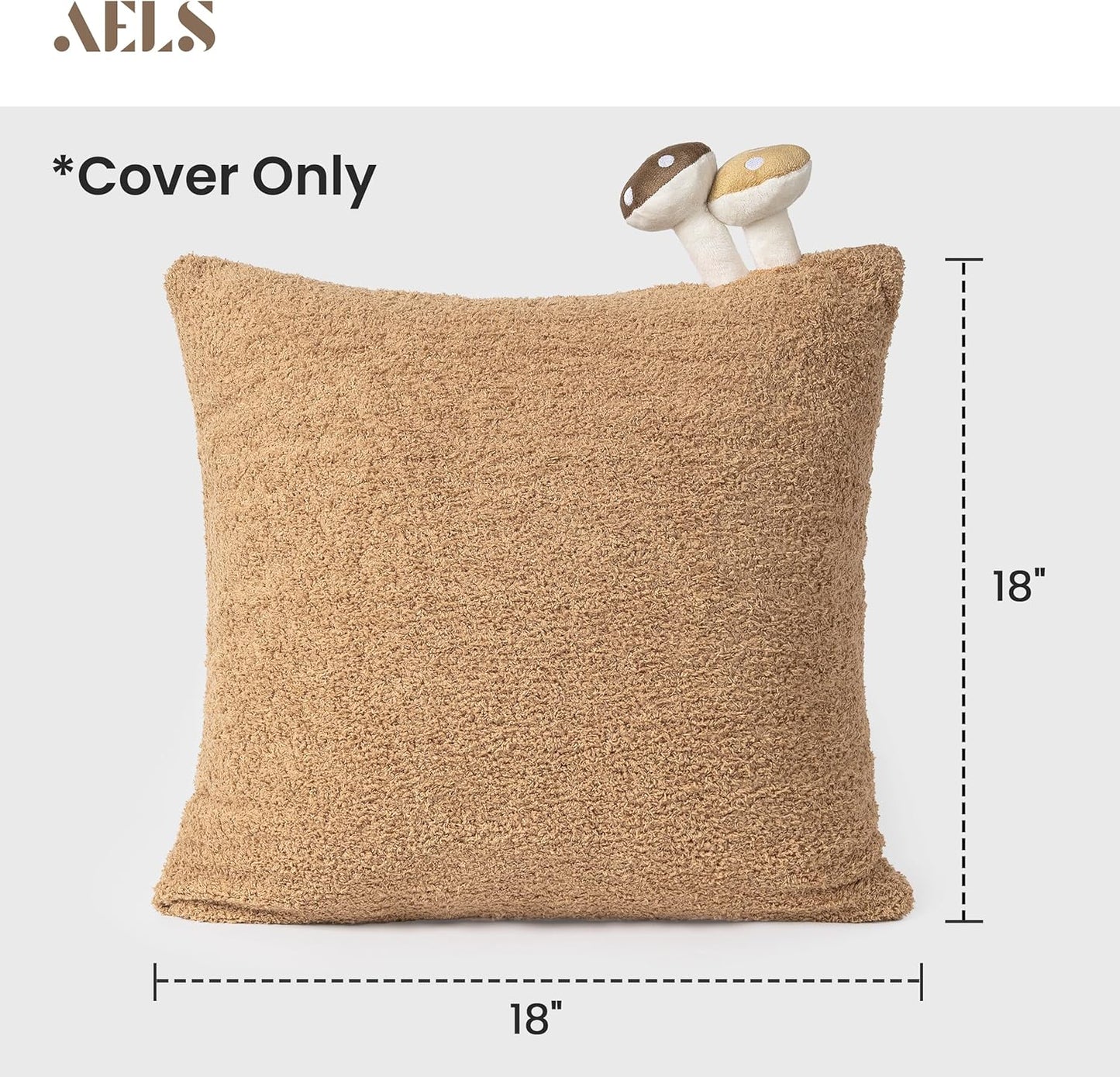 AELS Modern Farmhouse Decorative Mushroom Pillow Covers 18x18 with Two Small Mushrooms Plush Sewed in, Cozy Plush Cushion Case for Bed Couch Sofa, Brown