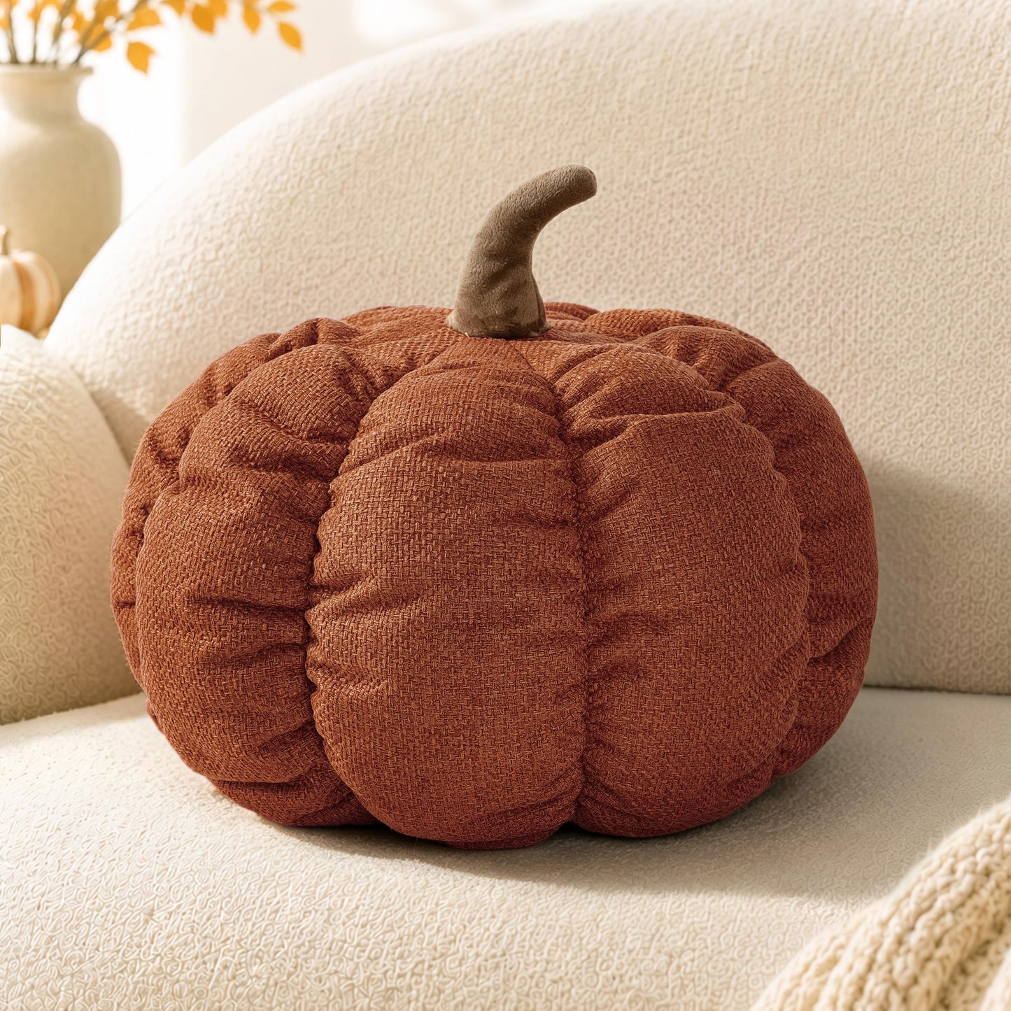 AELS Pumpkin Throw Pillow, 14" Burnt Orange Textured Fall Decorative Pillow | for Couch Sofa Bed Living Room Home Decor, Farmhouse 3D Fall Halloween Thanksgiving Decorative Accent Pillows