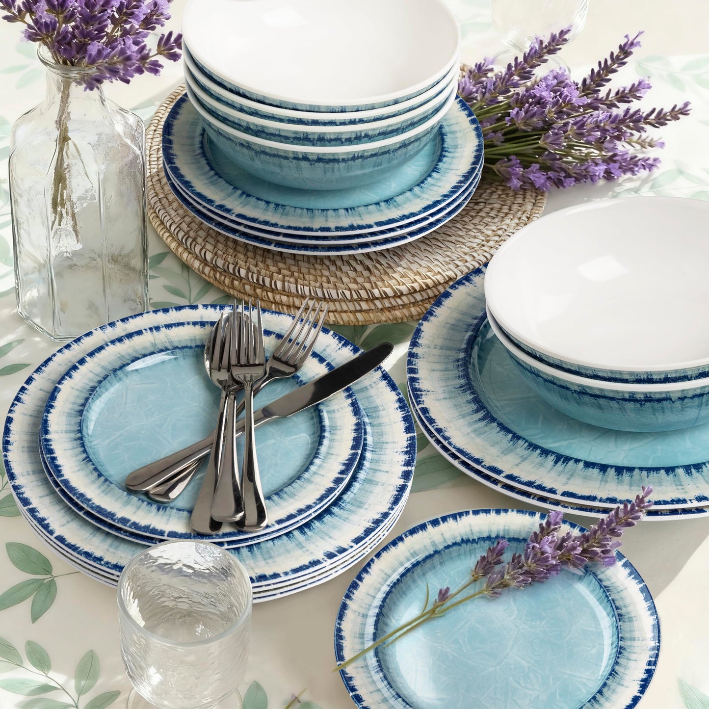 AELS Melamine Dinnerware Set of 12 Pcs Dinner Dishes Set for Indoor and Outdoor Use, Dishwasher Safe, Lightweight Unbreakable, BPA Free, Light Blue