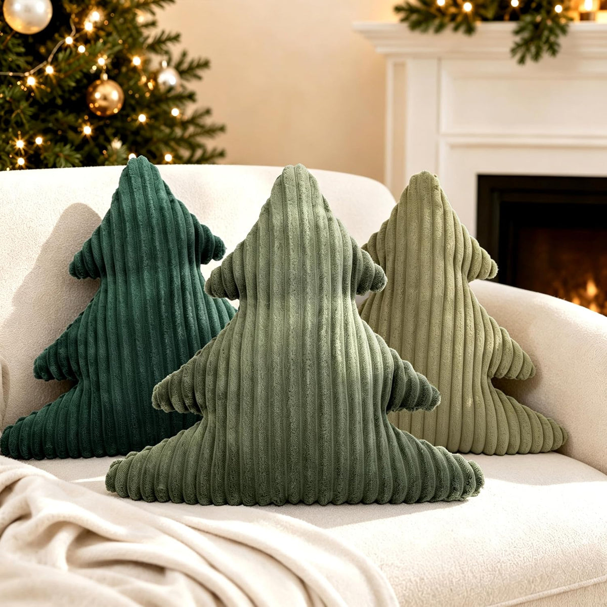 AELS Faux Fur Christmas Tree Decorative Pillow Set of 3, Forest Green Series