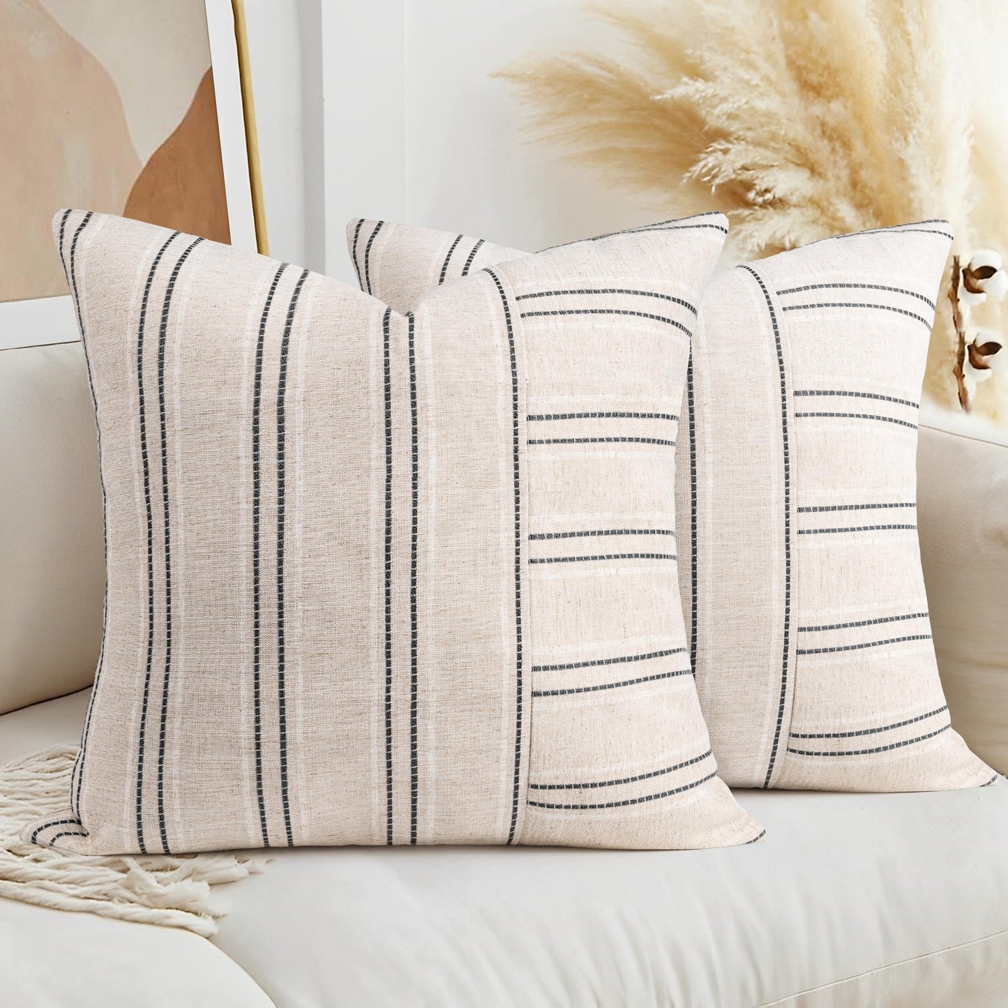 AELS 12x20 Decorative Farmhouse Linen Throw Pillow Covers, Boho Rectangle Lumbar Pillow Case, Set of 2, Beige with White & Gray Stripe Patchwork Cushion Cover for Sofa Couch Living Room (Cover ONLY)