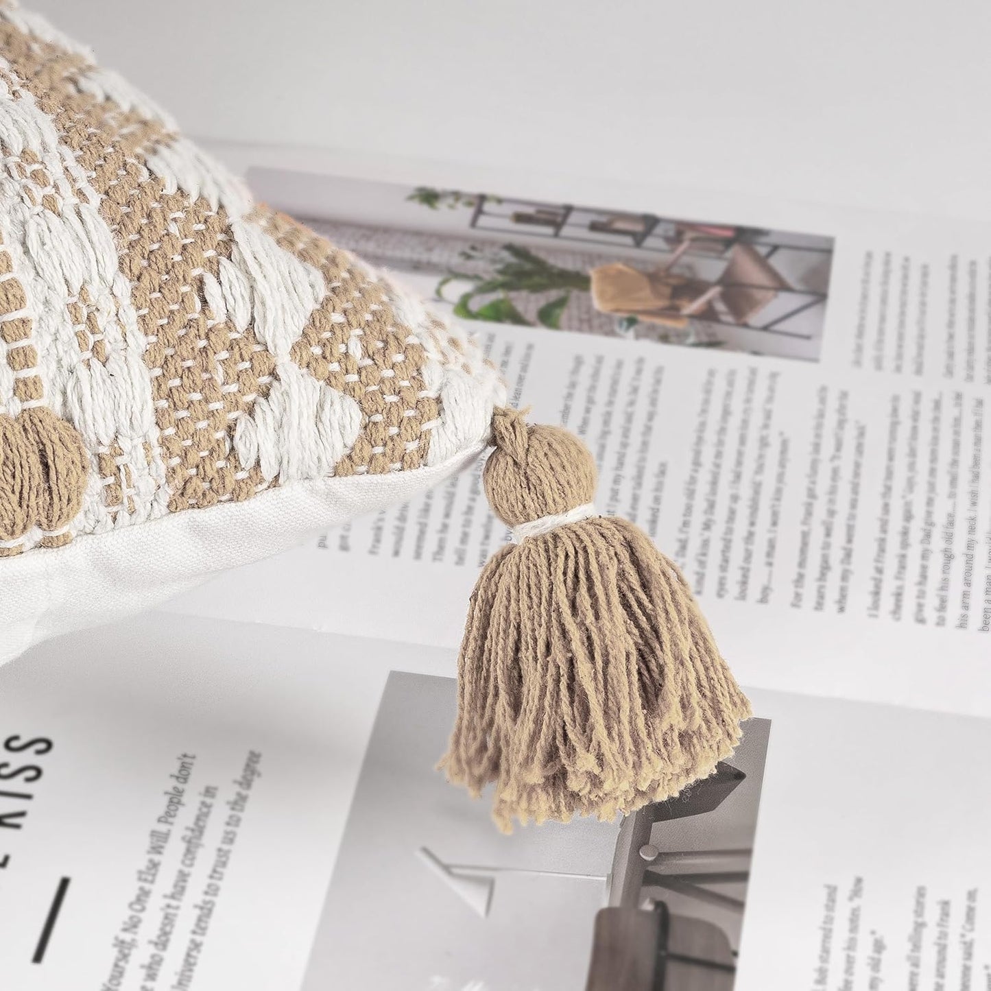 AELS Boho Decorative Throw Pillow Covers with Fringes and Tassels 18x18, Set of 2, Mid Century Tufted Accent Pillow Case, Woven Textured Modern Farmhouse Neutral Cushion Case for Bed Couch Sofa, Beige