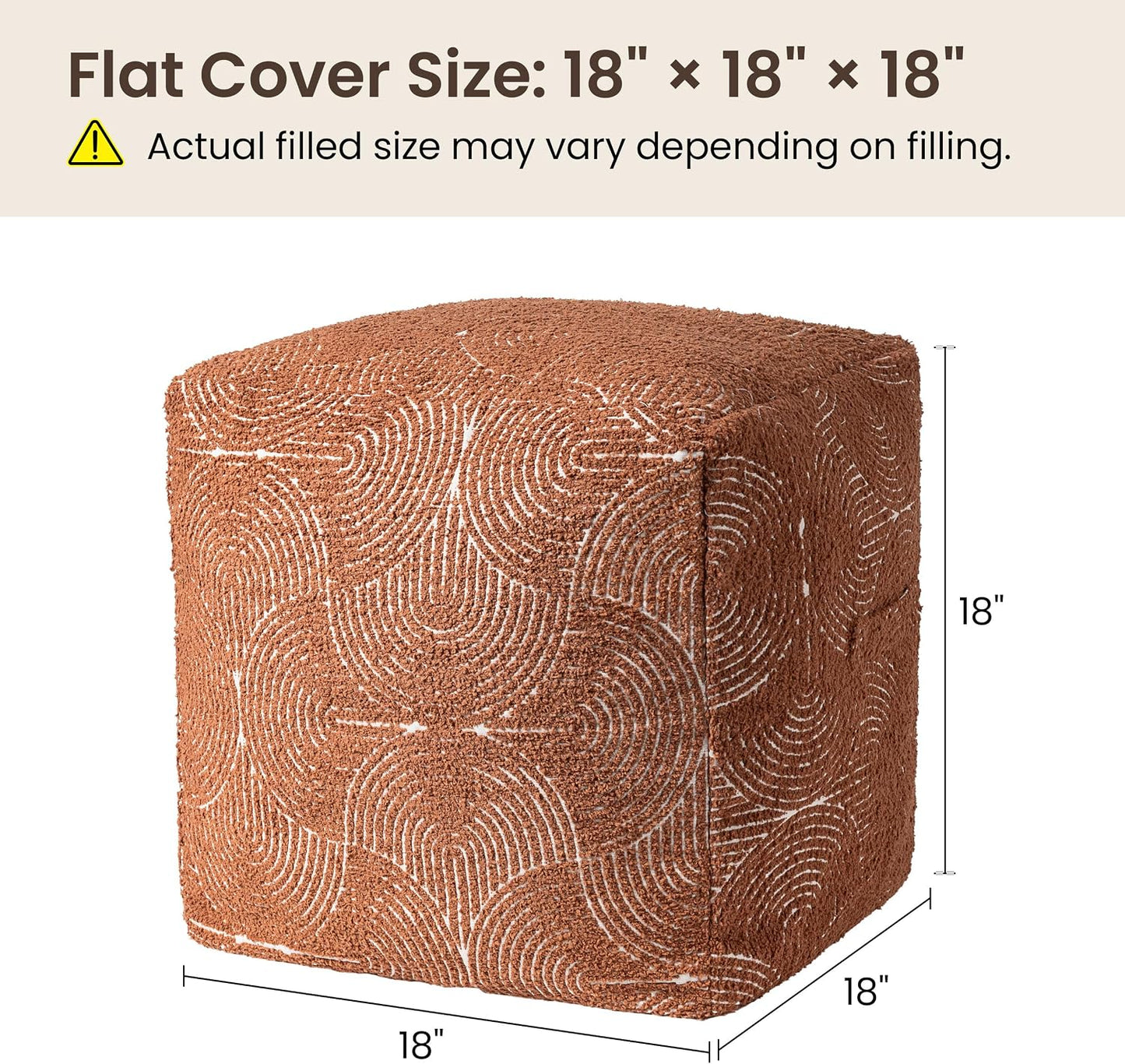 Unstuffed Boho Textured Pouf Cover, Organic Modern Mid Century Rainbow Tufted Storage Bean Bag Cubes, Farmhouse Square Ottoman Pouf Foot Rest Footstool, 18"x18"x18", Cover ONLY, Burnt Orange