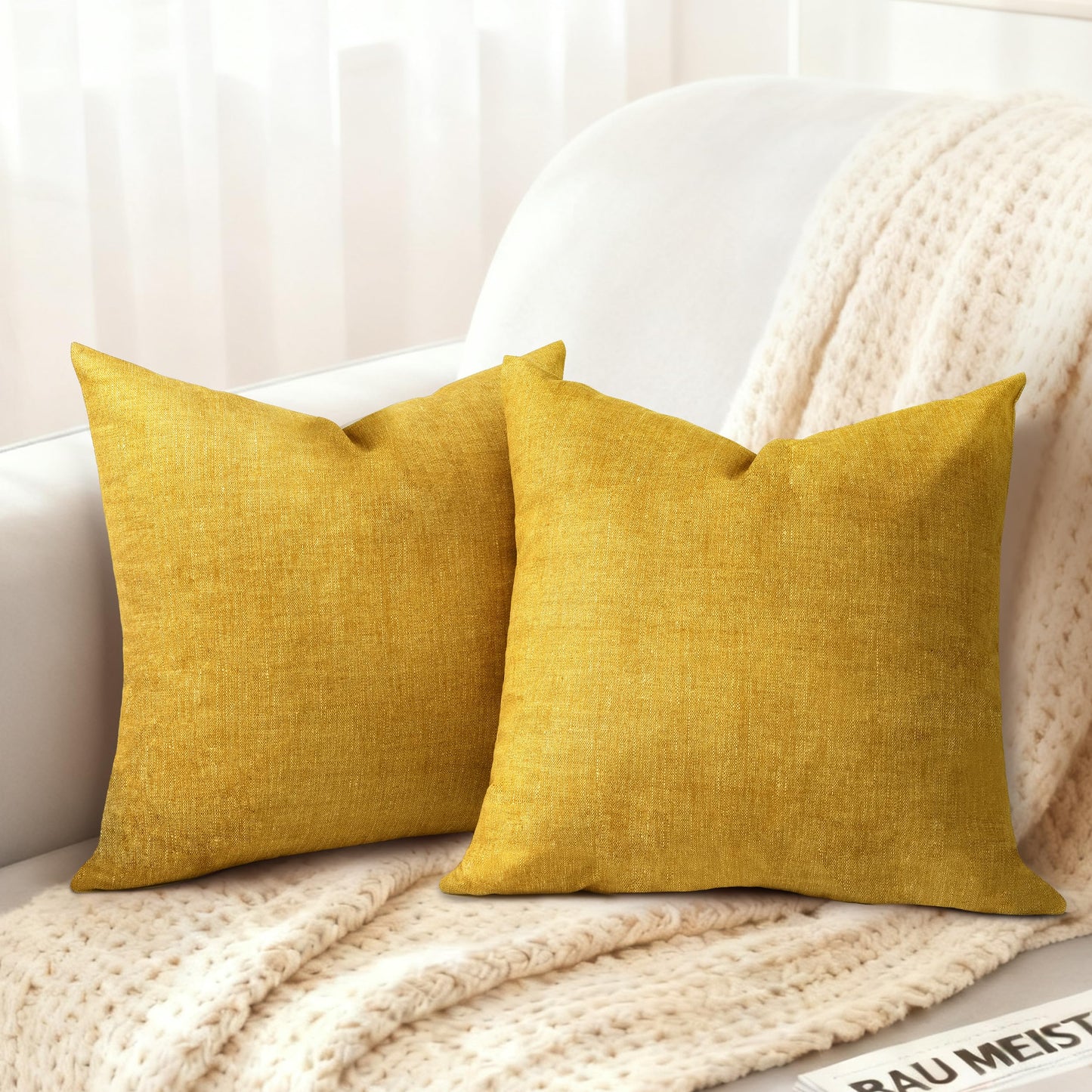 AELS Decorative Throw Pillow Covers 16x16, Set of 2, Soft Textured Look Printed Pillow Case, Modern Farmhouse Cushion Case for Bed Couch Sofa, Mustard Yellow (Covers Only)