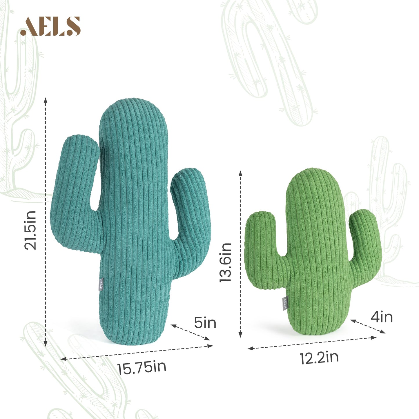AELS Set of 2 Cactus Decorative Throw Pillows, 22"& 14" Cactus Plush Pillow Set, 3D Office Nap Pillow, Cute Succulent Throw Pillow for Nursery Bedroom Room Decor, Blue Green & Sage Green