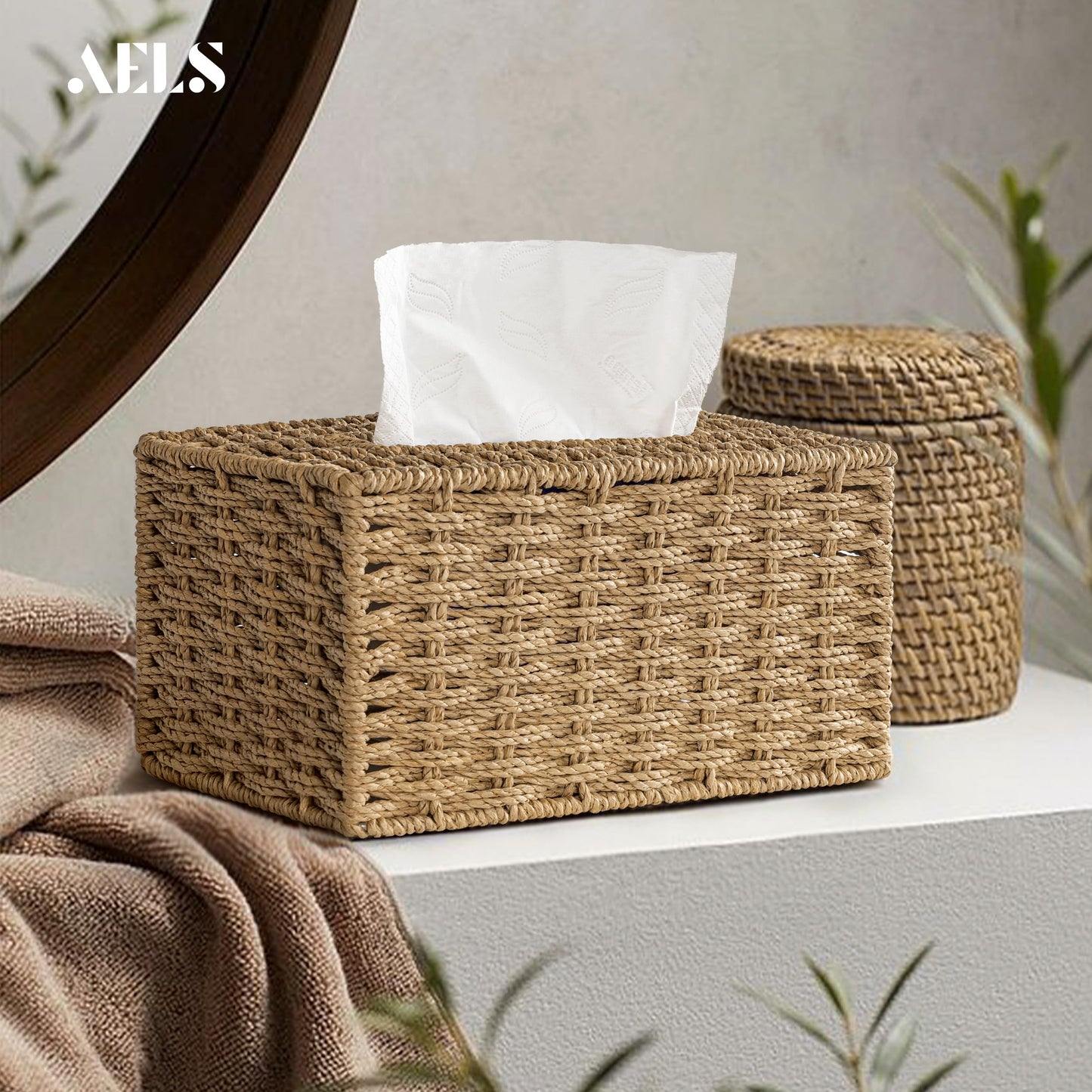 Farmhouse Tissue Box Cover Square, Hand Woven Strawpaper Facial Tissue Paper Holder, Cute Tissue Box Holder Square, Boho Bathroom Decor Box for Tissues Cube Box w/Elastic Bottom, Beige