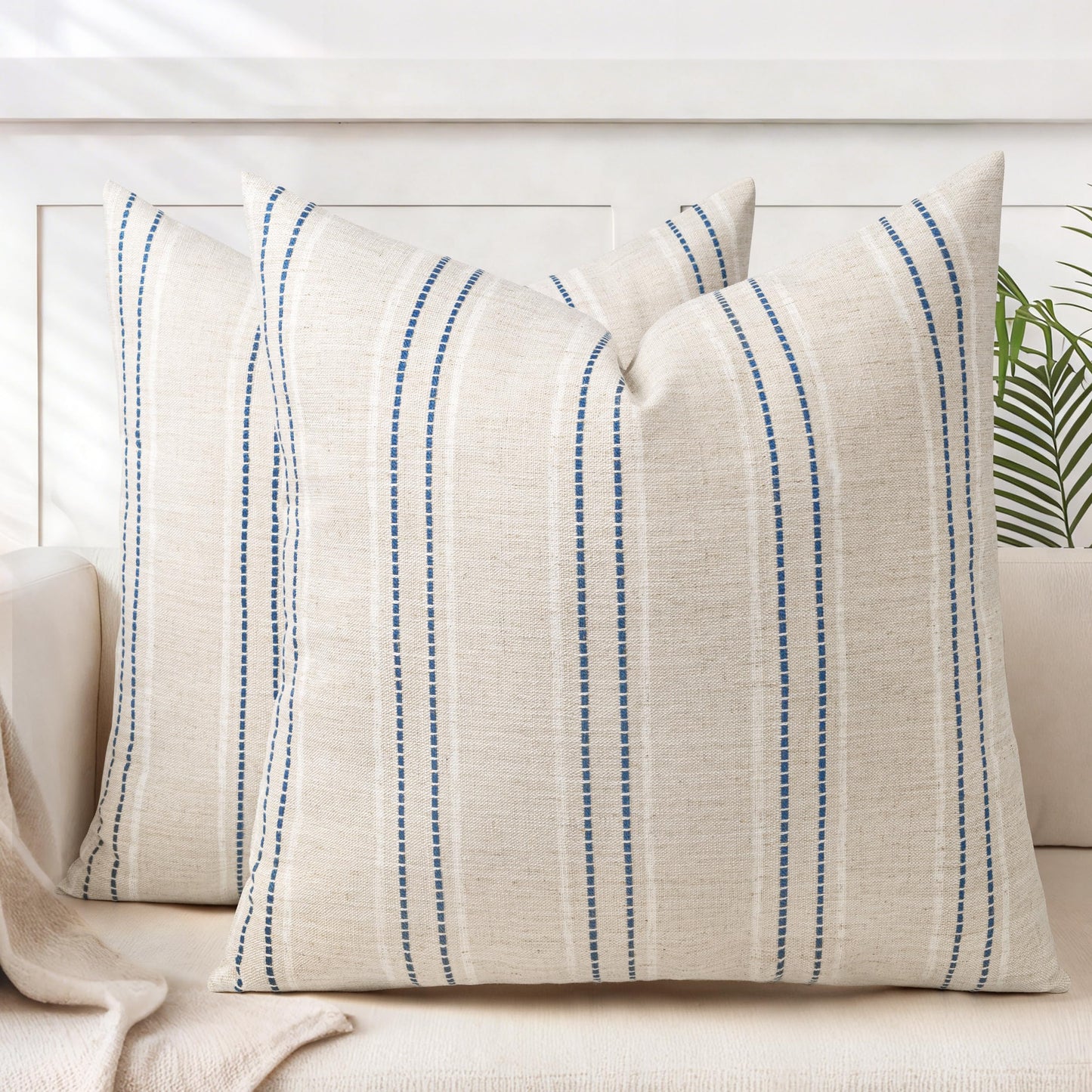 AELS 12x20 Decorative Farmhouse Linen Blend Throw Pillow Covers, Boho Textured Pillow Case, Set of 2, Beige with White & Brown Stitch Yarn Dyed Stripe Cushion Cover for Sofa Living Room (Cover ONLY)