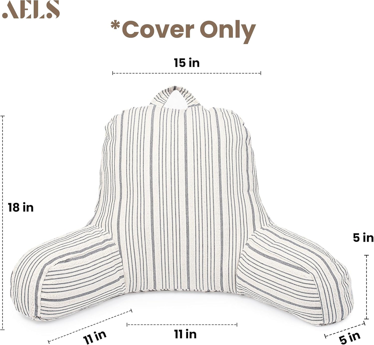 AELS Reading Pillow Replacement Cover (No Insert) with Arms and Pockets, 18" Beige with Gray Stripes Textured Backrest Pillow Cover Fits Standard Size Pillows (Cover ONLY)
