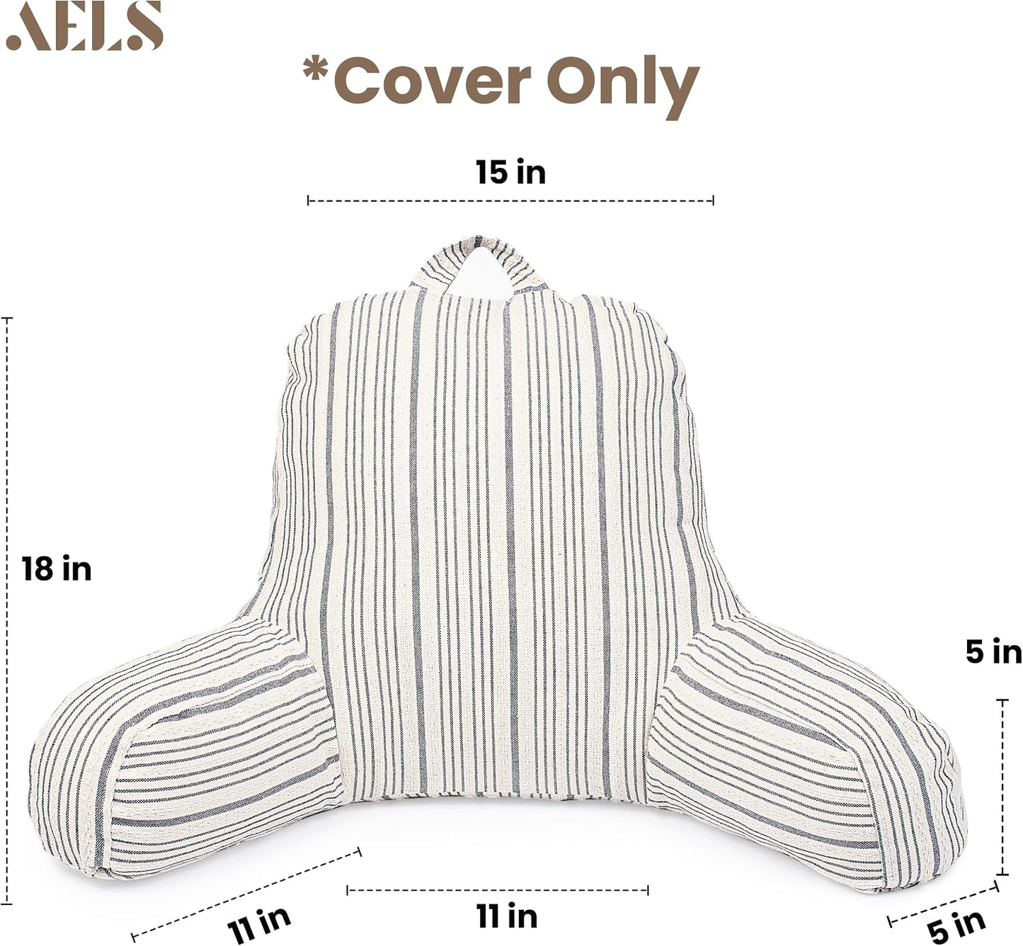 Reading Pillow Replacement Cover (No Insert) with Arms and Pockets, 18" Beige with Gray Stripes Textured Backrest Pillow Cover Fits Standard Size Pillows (Cover ONLY)