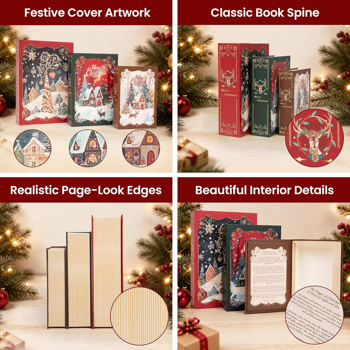 AELS 3 Pcs Christmas Decorative Books for Home Decor with Hidden Storage, Stackable Faux Book Boxes for Coffee Table Bookshelf, Hardcover Classic Xmas Mantel & Shelf Decor (8", 7", 6")
