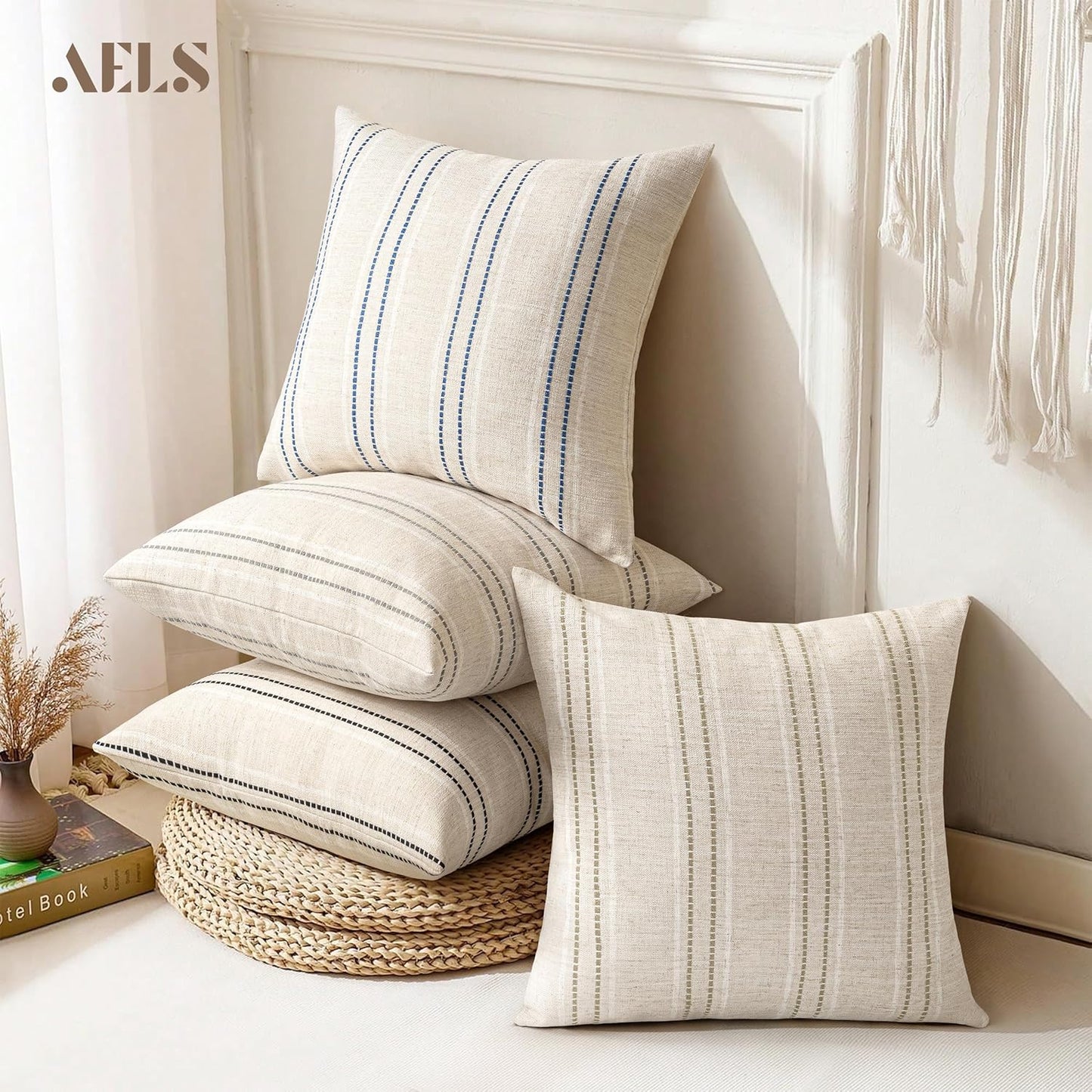 AELS 12x20 Decorative Farmhouse Linen Blend Throw Pillow Covers, Boho Textured Pillow Case, Set of 2, Beige with White & Brown Stitch Yarn Dyed Stripe Cushion Cover for Sofa Living Room (Cover ONLY)