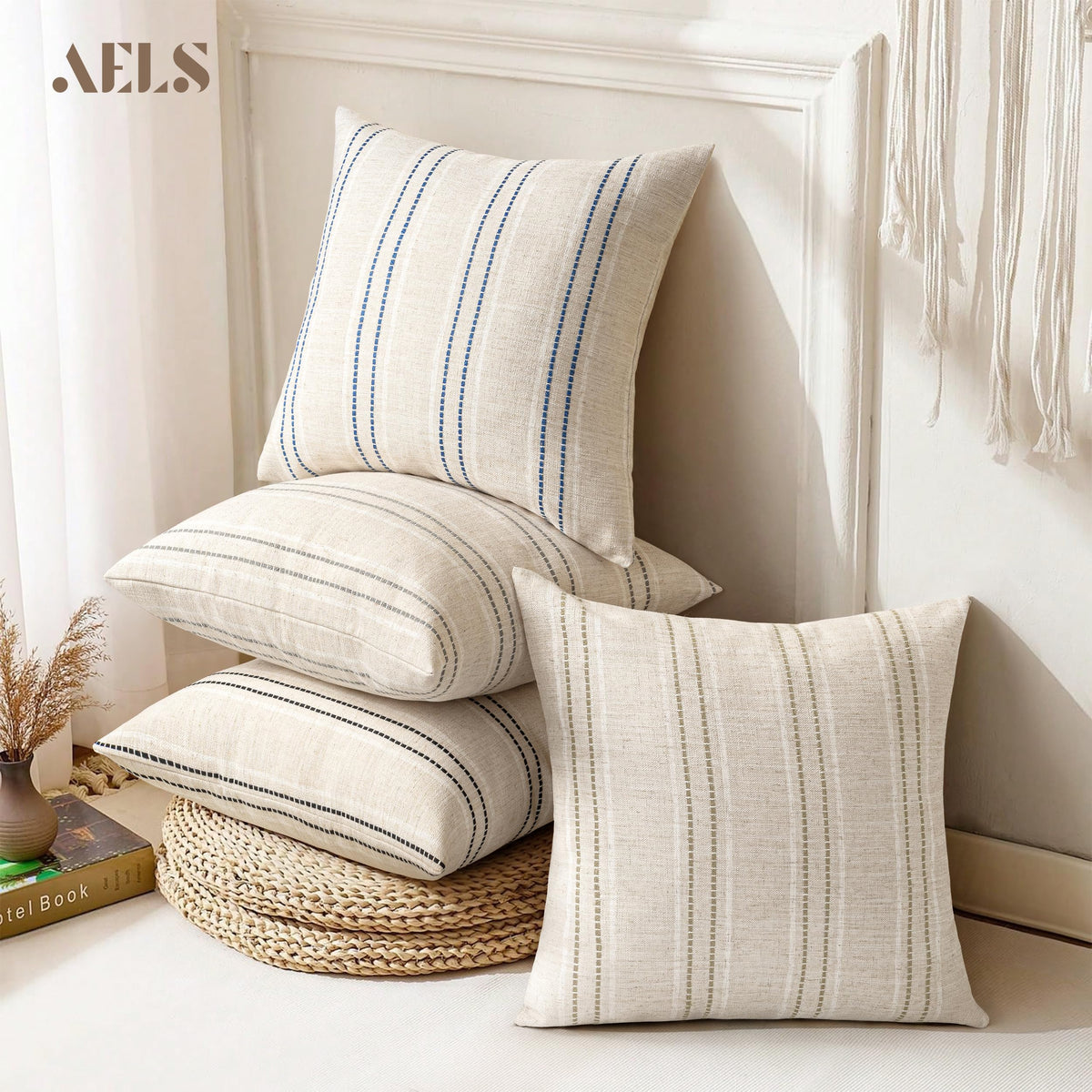 AELS 20x20 Decorative Farmhouse Linen Blend Throw Pillow Covers, Boho Textured Pillow Case, Set of 2, Beige with White & Brown Stitch Yarn Dyed Stripe Cushion Cover for Sofa Living Room (Cover O