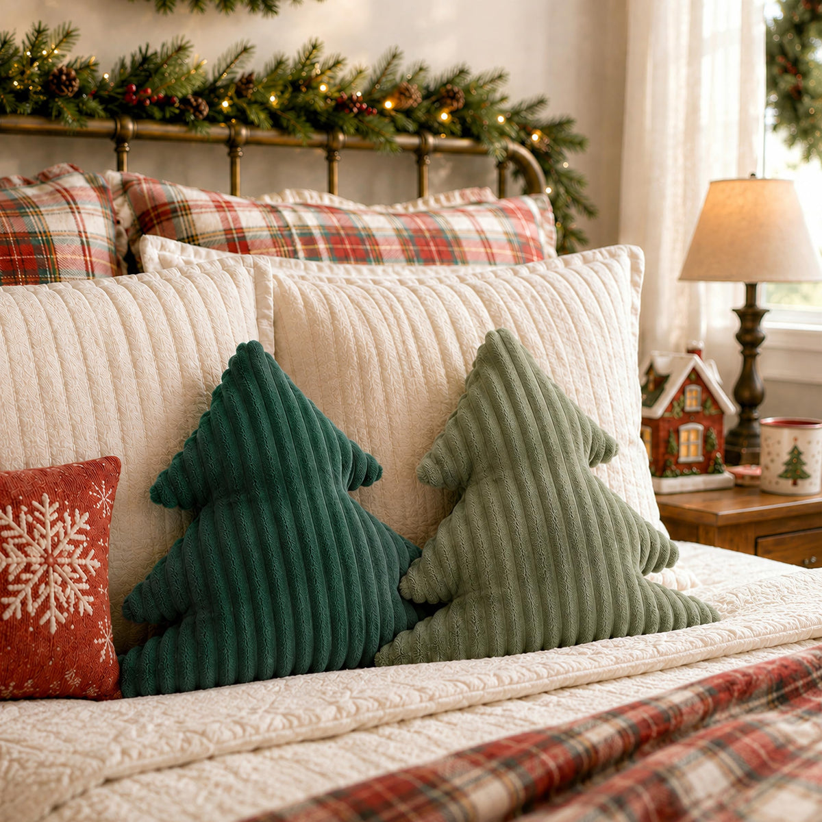 AELS Faux Fur Christmas Tree Decorative Pillow Set of 3, Forest Green Series