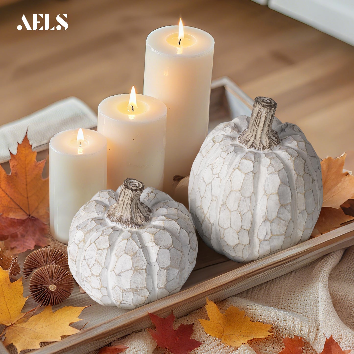 AELS 5.9" Tall Modern Farmhouse Pumpkins Fall Decor Indoor, Set of 2 Elegant Tabletop Decorations, Resin Artificial Pumpkins Decor for Fall Table Runner, Office, Holiday Party Home, White