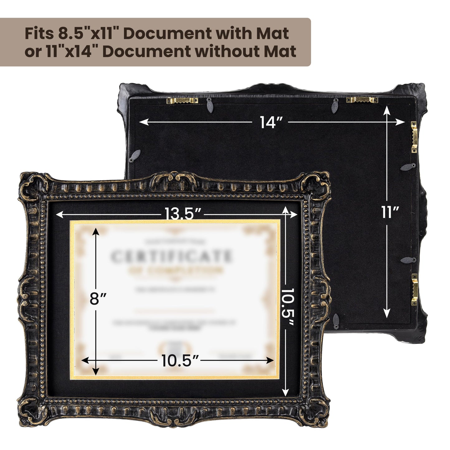 AELS 8.5 x 11 Diploma Frame for Wall and Tabletop Display, Vintage College Degree Document Certificate Frame with HD Glass, Fits 8.5 x 11 Certificates with Mat or 11 x 14 without Mat, Black with Gold