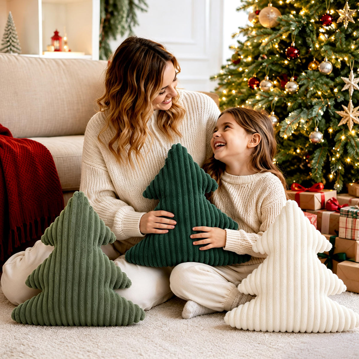 AELS Faux Fur Christmas Tree Decorative Pillow Set of 3, Forest Green Series