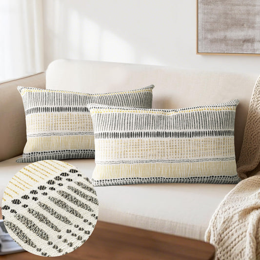AELS Boho Decorative Striped Lumbar Pillow Covers 12x20, Modern Mid Century Lumbar Support Pillow Cover, Farmhouse Rustic Woven Cushion Case for Bed Couch Sofa, Mustard Yellow Gray