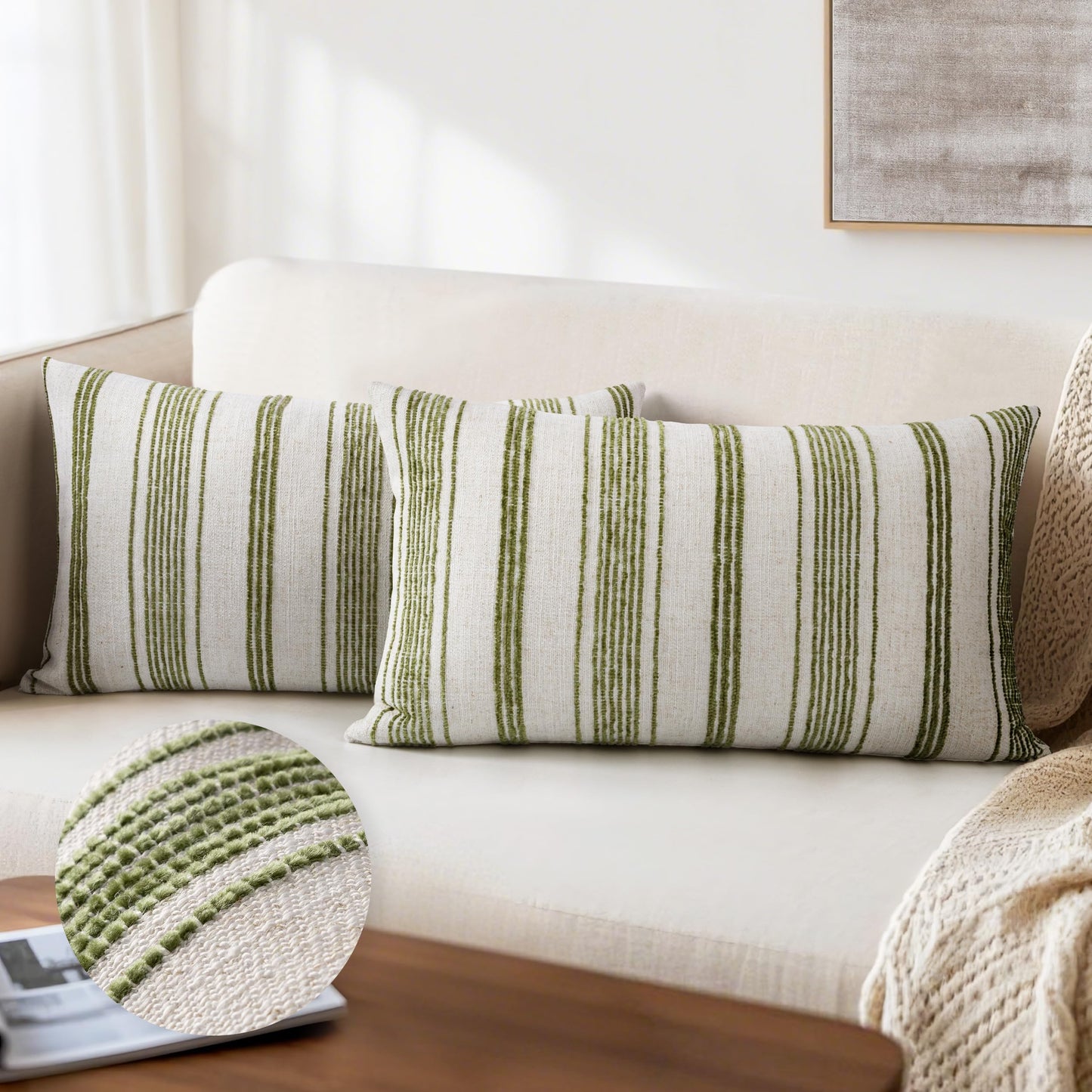 AELS 12x20 Decorative Farmhouse Linen Lumbar Pillow Covers, Beige with Olive Green Chenille Striped Pillow Case, Set of 2, Boho Textured Cushion Cover for Sofa Couch Living Room (Cover ONLY)