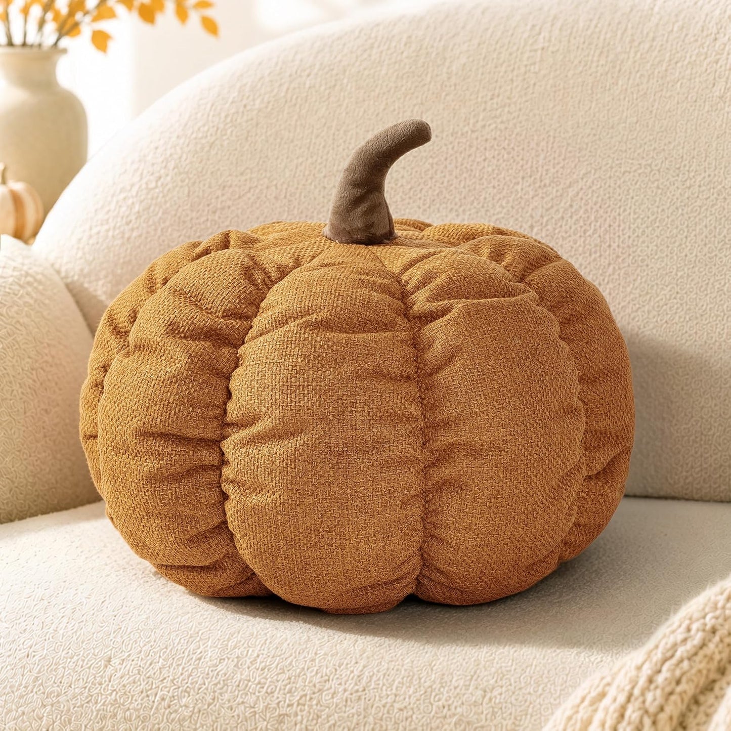 AELS Pumpkin Throw Pillow, 14" Burnt Orange Textured Fall Decorative Pillow | for Couch Sofa Bed Living Room Home Decor, Farmhouse 3D Fall Halloween Thanksgiving Decorative Accent Pillows