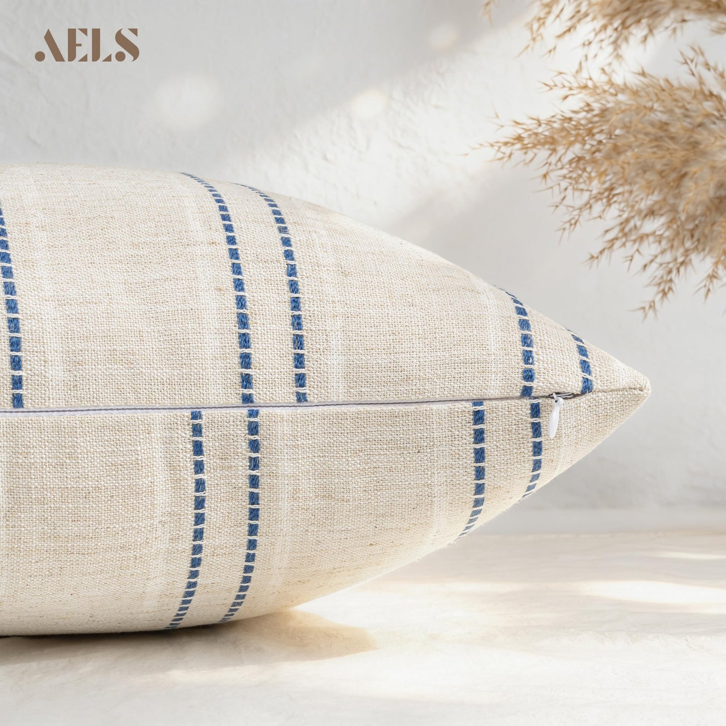 AELS 12x20 Decorative Farmhouse Linen Blend Throw Pillow Covers, Boho Textured Pillow Case, Set of 2, Beige with White & Brown Stitch Yarn Dyed Stripe Cushion Cover for Sofa Living Room (Cover ONLY)