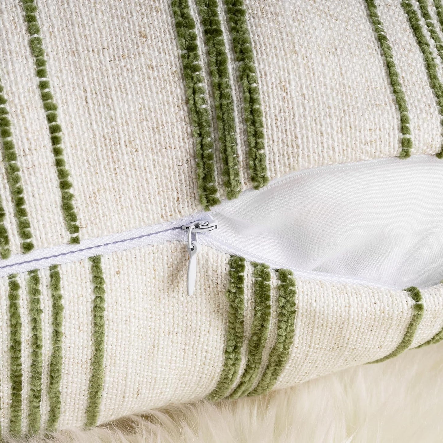 AELS 12x20 Decorative Farmhouse Linen Lumbar Pillow Covers, Beige with Olive Green Chenille Striped Pillow Case, Set of 2, Boho Textured Cushion Cover for Sofa Couch Living Room (Cover ONLY)
