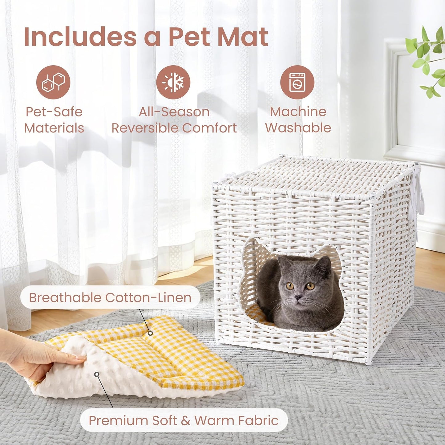 Handwoven Small Cat Bed Cave for IKEA Kallax Shelf, 13"x13"x15" Rattan Cat House for Indoor Cats Kittens and Small Pets with Removable Double-Sided Soft Cushion Pad, Pet Cube Hideaway Bed White