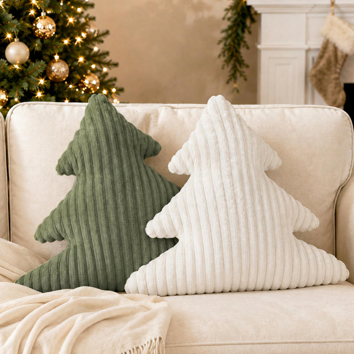 AELS Faux Fur Christmas Tree Decorative Pillow Set of 3, Forest Green Series