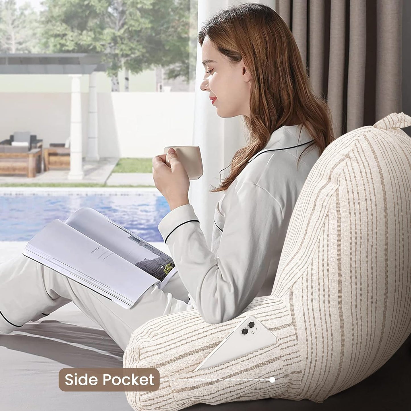 AELS Reading Pillow Replacement Cover (No Insert) with Arms and Pockets, 18" Beige with Light Brown Stripes Textured Backrest Pillow Cover Fits Standard Size Pillows (Cover ONLY)